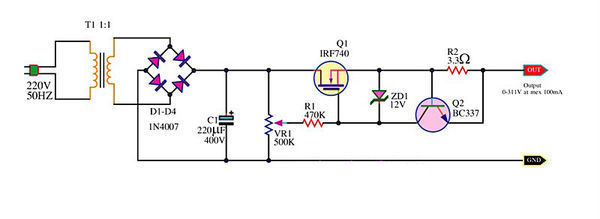 12一100V转12V转换器电路图,电源取自被充蓄